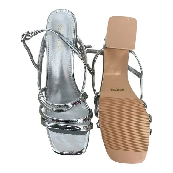 Sexrosly Silver Strappy Block Heel Sandals NWOT - Picture 5 of 5